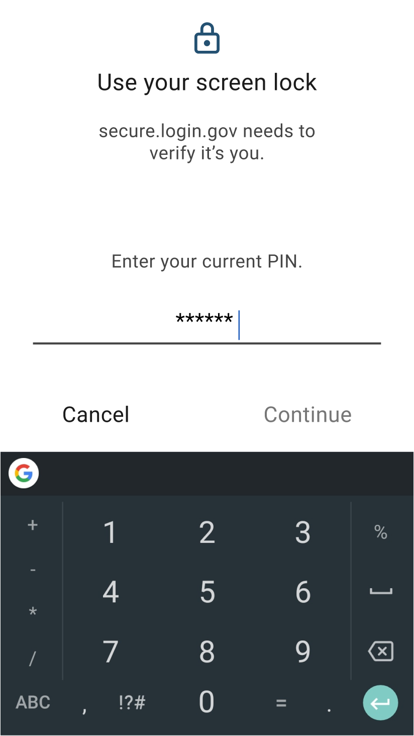 Example of a prompt that may be encountered upon setting up or using face or touch unlock: Screenshot of a screen lock PIN prompt