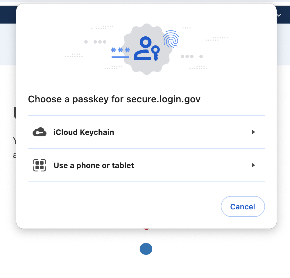 Example of a prompt that may be encountered upon setting up or using face or touch unlock: Screenshot with a passkey message that allows users to choose between using iCloud keychain or or a phone or tablet